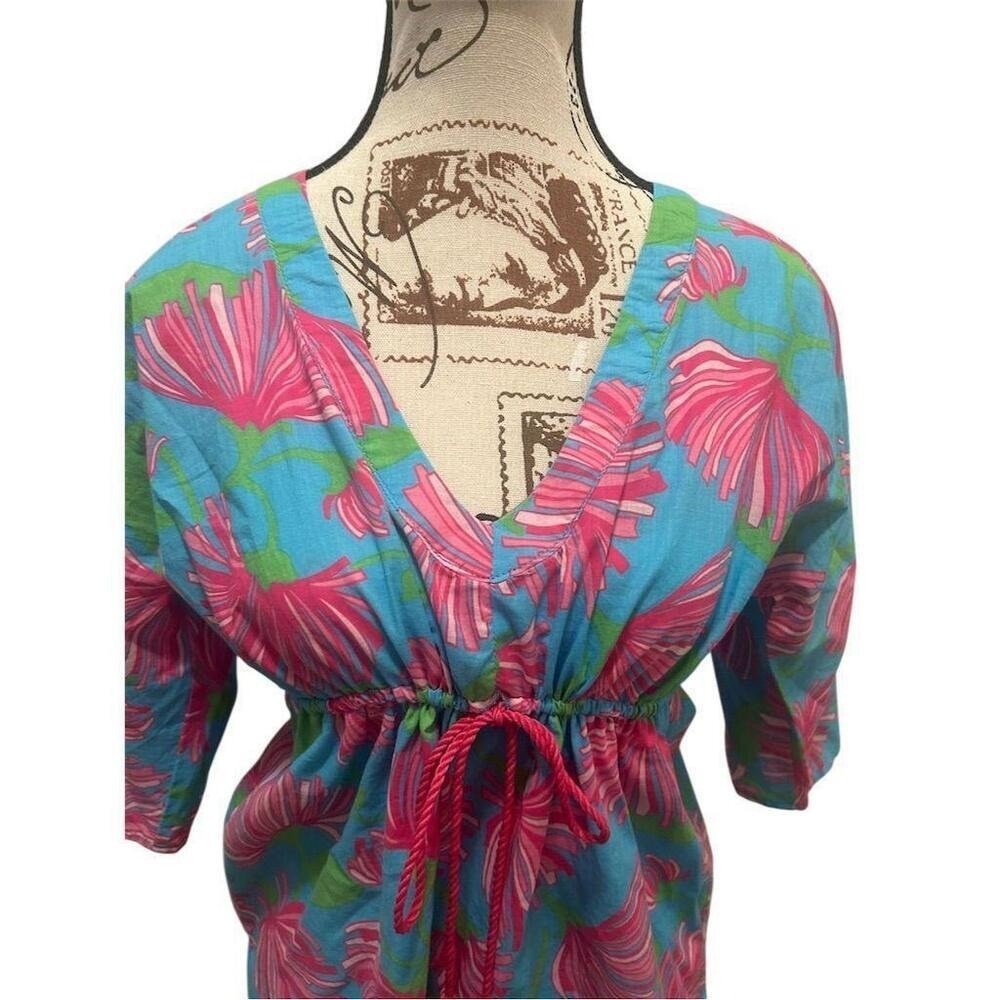 Lilly Pulitzer Tunic Top Womens XS Blue Pink Floral Drawstring V-Neck Cotton - Picture 2 of 6